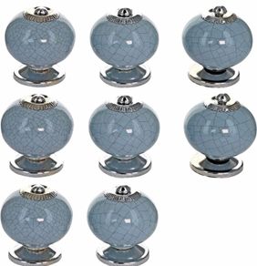 Blue-Grey Crackle Handmade Design Round Ceramic Door Knobs, Vintage, Shabby Chic, Interior Furniture, Cabinet Wardrobe Cupboard Drawers Pulls Handles (8-Pack)