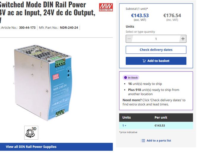 MEAN WELL NDR Switched Mode DIN Rail Power Supply, 90 - 264V ac ac Input, 24V dc dc Output, 10A Output, 240W