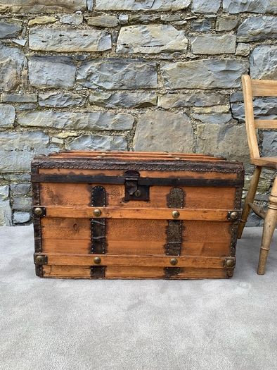Late Victorian Antique Metal Bound Wooden Chest.