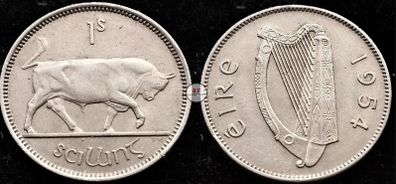 [#2188] - Ireland 1954 | Irish 1s | One Shilling | Bull | KM.14a | High Grade