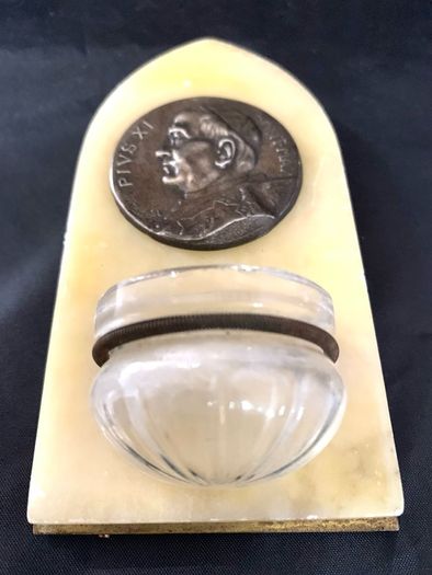 Vintage Italian holy water font with Pope Pius Xi plaque signed Tschudin