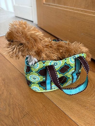 Dog stuffed animal in bag