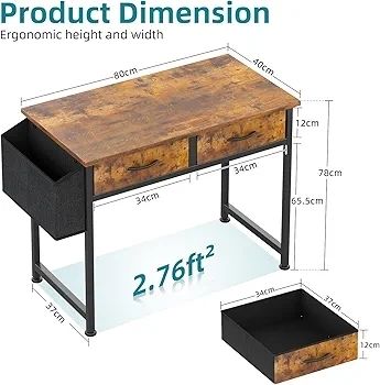 Computer Office Desk for Small Space with Fabric Drawers, Home Office Desk for Bedroom with Side Pocket and Hook, 80CM Brown Kids Desks, Writing Desks, Study Table and Work Table  Brown