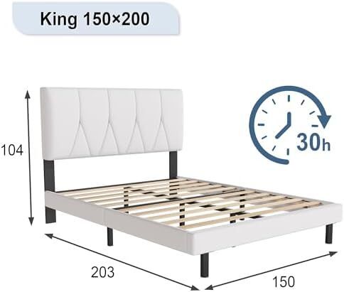 King Bed Frame White Upholstered Wooden Slat Bed Frame with Headboard Easy Assembly Underbed Storage