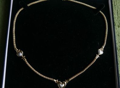14k Yellow Gold 585 Pave  Heart Pendant 17" Popcorn Link Chain Necklace 12,85g and Box