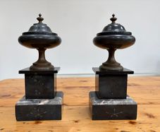 Matching pair of antique marble, slate and brass ornaments.