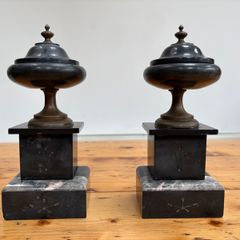 Matching pair of antique marble, slate and brass ornaments.