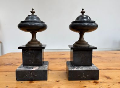 Matching pair of antique marble, slate and brass ornaments.