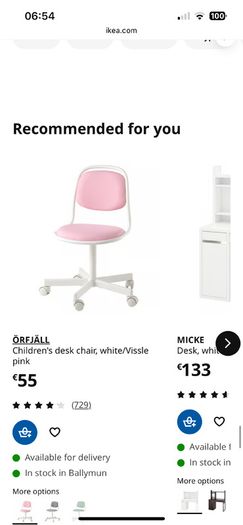 Ikea Micke Desk White and Orfjall Swivel Chair Pink