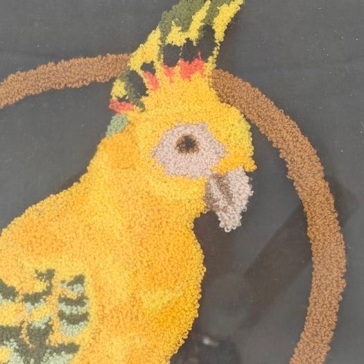 Retro framed 1960s wool embroidery cockatoo. Kitsch.