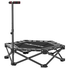Fitness trampoline with adjustable T-handle, foldable, carry bag, 120 kg load capacity, steel, plastic, black