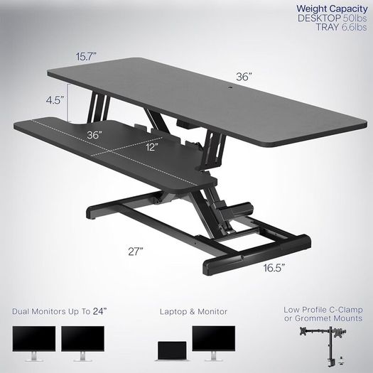 91cm Electric Motor Desk Converter Height Adjustable Riser Sit to Stand Dual Monitor and Laptop Workstation with Wide Keyboard Tray Black DESK-VE36B