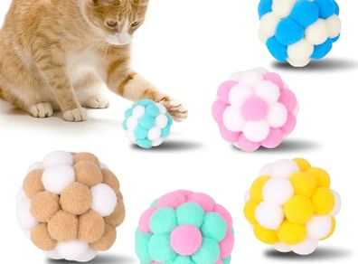 Pom Poms Cat Balls with Bells 6 Pieces 5cm Soft Toys for Kitten Indoor and Outdoor Playing, Chewing, Scratching