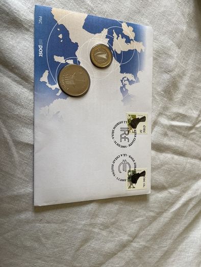 Rare An Post Dual Currency Cover: Final Irish 1 pound Millennium & First 1 Euro Coin Set