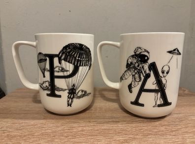 A Pair of Large Brand New Letters P and A China Mugs