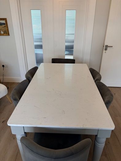 Marble top Dining Table w/ 6 grey velvet chairs