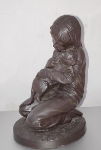 P. Parsons for Heredities cold-cast bronze figurine girl holding a cat