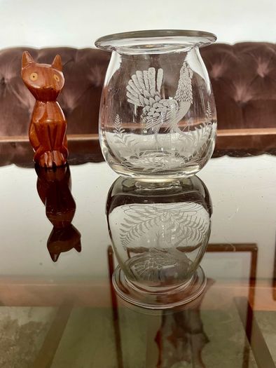 Vintage Signed Bruce Walker Kirkbuddo Glass Studio Etched Art Glass Bud Vase Capercaillie 1976