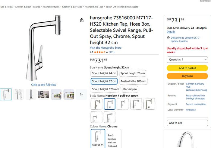 Hansgrohe 73816000 Kitchen Tap, Hose Box, Selectable Swivel Range, Pull-Out Spray, Chrome, Spout height 32 cm