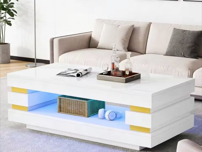High Gloss Coffee Table with LED Lights White Living Room Table.