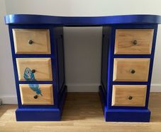 Unique Upcycled Dressing Table / Vanity Desk - Navy Blue & Natural Wood - 6 Drawers