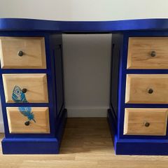 Unique Upcycled Dressing Table / Vanity Desk - Navy Blue & Natural Wood - 6 Drawers
