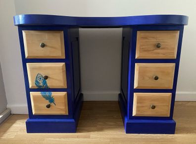 Unique Upcycled Dressing Table / Vanity Desk - Navy Blue & Natural Wood - 6 Drawers