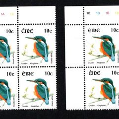 2002-04 Ireland Tenth Definitive Stamp Series Birds 10c Kingfisher Plate Block 1A1A1A1A & 1B1B1B1B Mint Never Hinged (MNH)
