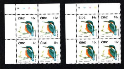2002-04 Ireland Tenth Definitive Stamp Series Birds 10c Kingfisher Plate Block 1A1A1A1A & 1B1B1B1B Mint Never Hinged (MNH)