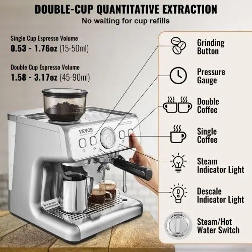 Espresso Machine with Grinder, 15 Bar Semi Automatic Espresso Coffee Maker with Milk Frother Steam Wand