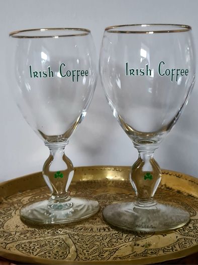 Vintage Irish Coffee Glasses Set of 2, Gold Rim Shamrock Stem