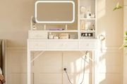Dressing Table with Large LED Mirror, 3 Lighting Modes Adjustable Brightness, Built-in USB &amp; AC Socket, Vanity Table with 4 Fabric Drawers, Modern Makeup Desk 100x40x140cm
