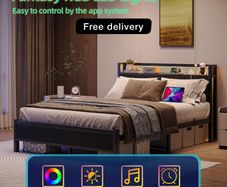 Metal Bed Frame Double Bed with Charging Station,Strong