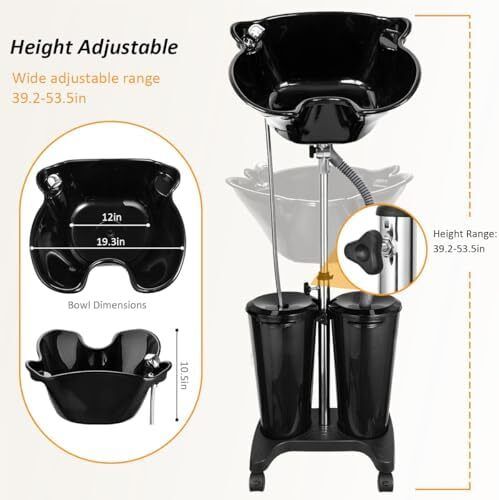 Portable Salon Basin Shampoo Bowl Sink With Electric Pump, Height Adjustable Hair Washing Basin With 2 Bucket & Drain Hoses for Home Barber Shop Use