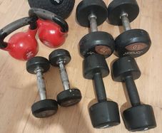 Used dumbbells, kettlebells and slam ball