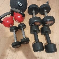 Used dumbbells, kettlebells and slam ball