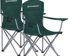 Set of 2 Folding Camping Chairs, Comfortable, Heavy Duty Structure, Max. Load Capacity 150 kg, with Cup Holder, Outdoor Chairs, Green (FREE SHIPPING)