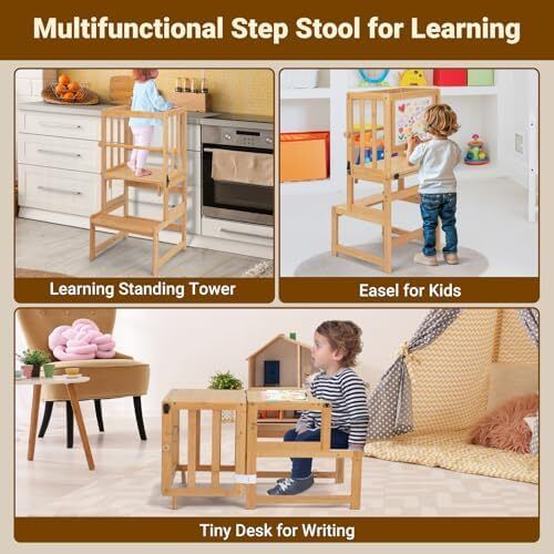 3-In-1 Toddler Kitchen Stool Helper  Convertible Standing Tower With Whiteboard for Kids Childrens Bathroom Kitchen Counter Helper Mothers' Helper Tower Learning Stool (Natural)