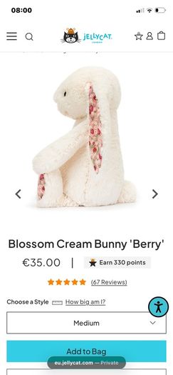 New JELLYCAT Medium Blossom Cream Berry Bunny