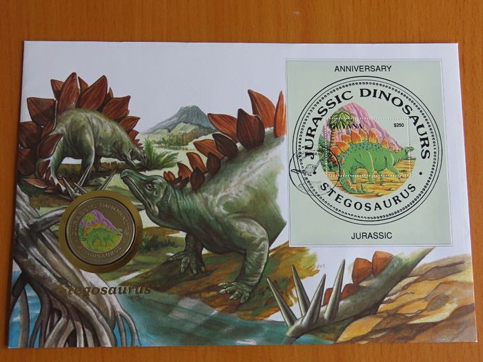 Rare Stegosaurus Dinosaur coin in vintage stamp cover