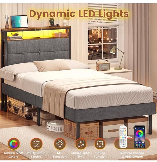 3ft Single Bed Frame 90x190 Upholstered Bed Frame With LED Lights & Charging Station Metal Bed Frame with Upholstered Storage Headboard/Under Bed Storage/Noise Free (Single-90x190cm)