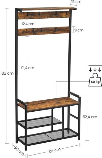 Coat Rack, Hall Tree with 8 Hooks, Shoe Bench, Storage Shelves, for Entryway, Bedroom, Steel Frame, Industrial Style, Rustic Brown and Black