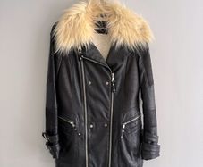 Pre Owned River Island Faux Leather Biker Jacket with Cream Faux Fur Collar