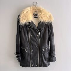 Pre Owned River Island Faux Leather Biker Jacket with Cream Faux Fur Collar
