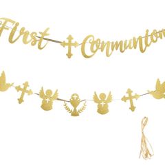 2pcs, Frist Holy Communion Paper Banner Garland, Glitter Letter Bunting Banner,