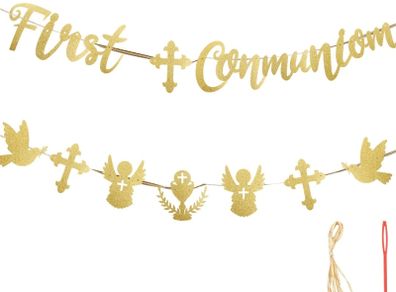 2pcs, Frist Holy Communion Paper Banner Garland, Glitter Letter Bunting Banner,