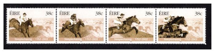 2002 Ireland 250th Anniversary of Irish Steeplechasers Se-tenant Commemorative Stamps featuring Arkle, L'Escargo, Dawn Run & Istabraq Mint Never Hinged (MNH)