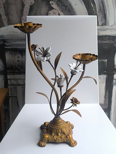 Antique 1930s French Botanical Gilt Metal & Porcelain Candelabra