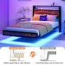 Single Bed Frame with Charging Station and LED Lights, Wood Headboard Image 5