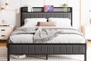 King Size Bed Frame with Storage Upholstered Headboard Shelf,5ft Metal King Bed Frame with Storage